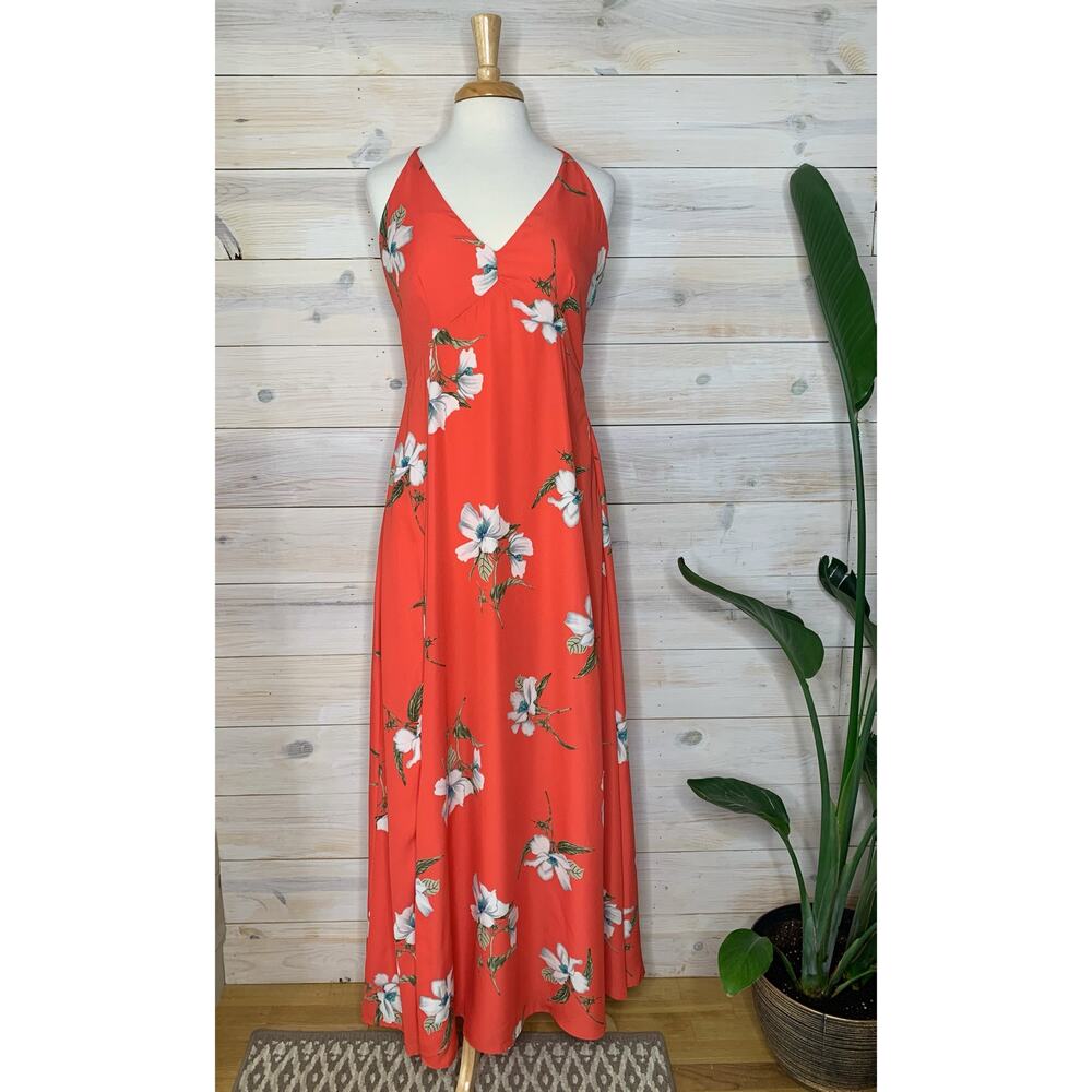 Bright Coral Pink Red Floral Maxi Dress Size Small
